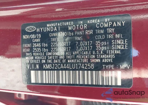 2020 Hyundai Tucson Se z USA, uszkodzony, nr VIN KM8J2CA44LU174258